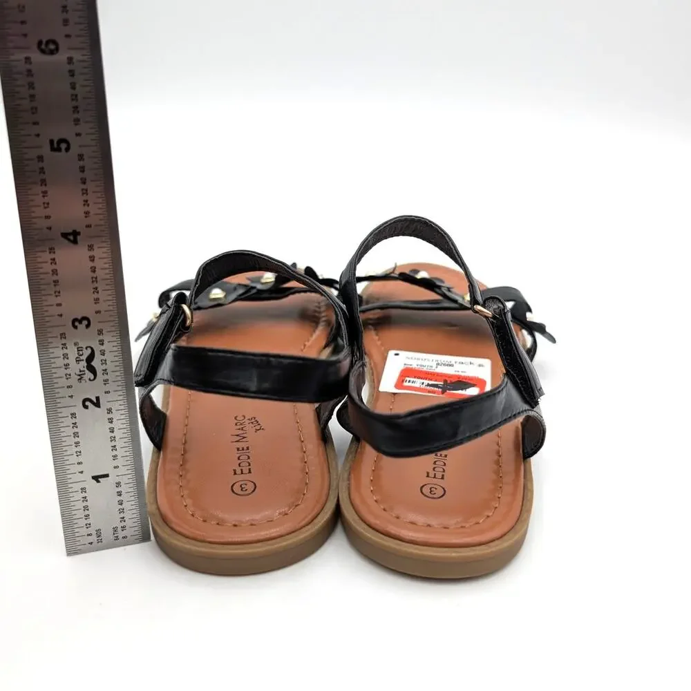 Eddie Marc Flower Strap Sandals Open Round Toe Girls' Black Size US3